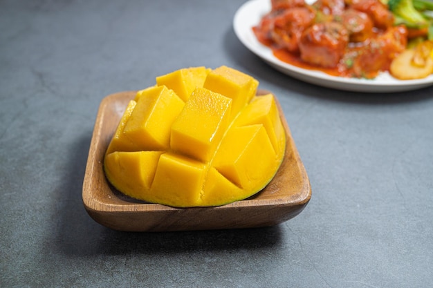 High angle view of fruit in plate on table