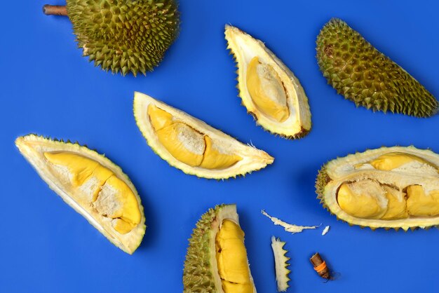 High angle view of fruits against blue background