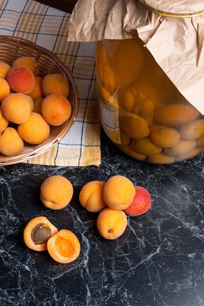 High angle view of fruits in basket on table