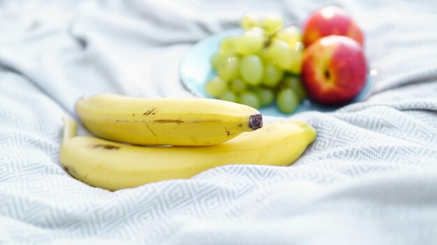 High angle view of fruits on bed