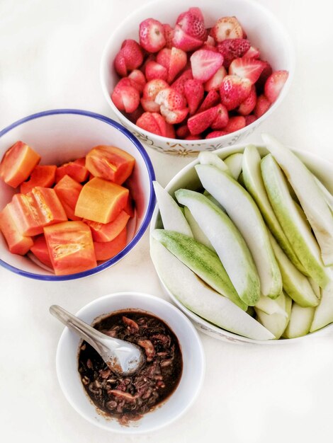 High angle view of fruits in bowl on table