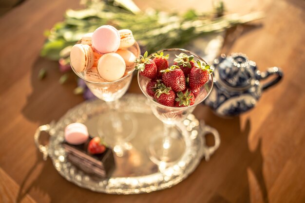 High angle view of fruits in glass on table