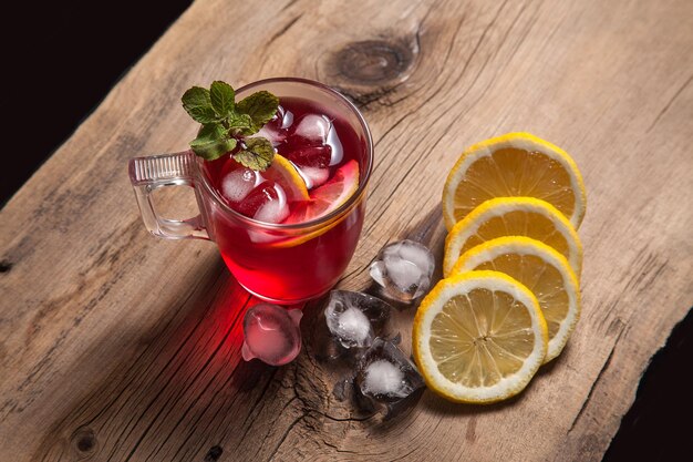 High angle view of fruits in glass on table