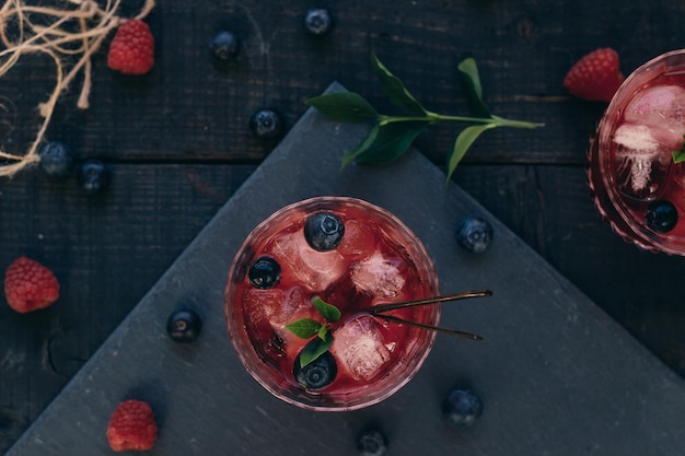 High angle view of fruits in glass on table