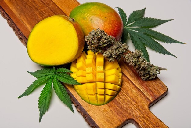 High angle view of fruits and leaves on table