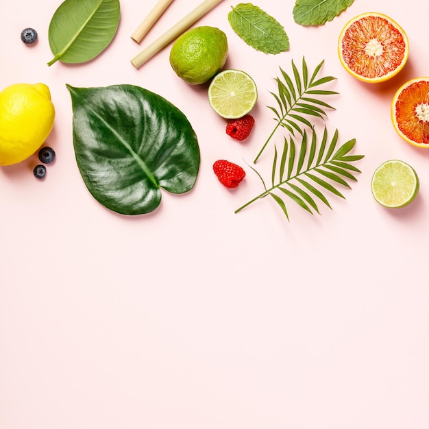 High angle view of fruits and leaves on table