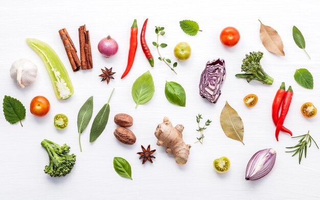 High angle view of fruits and leaves on white background