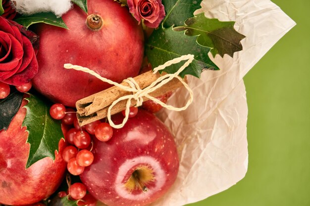 High angle view of fruits and leaves