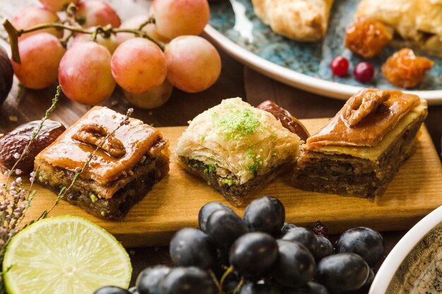 High angle view of fruits in plate on table