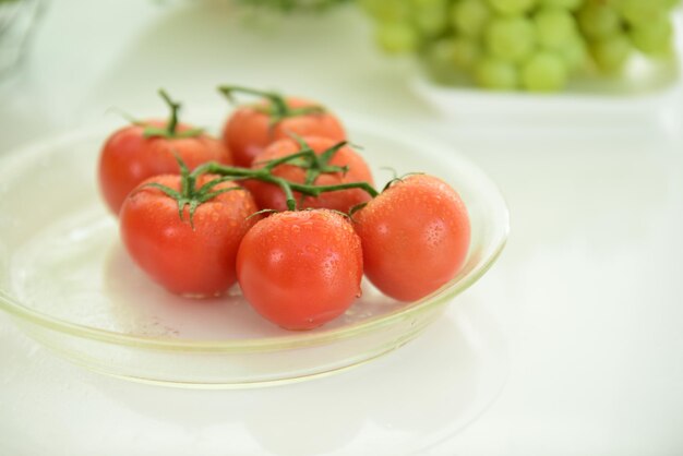 High angle view of fruits in plate on table