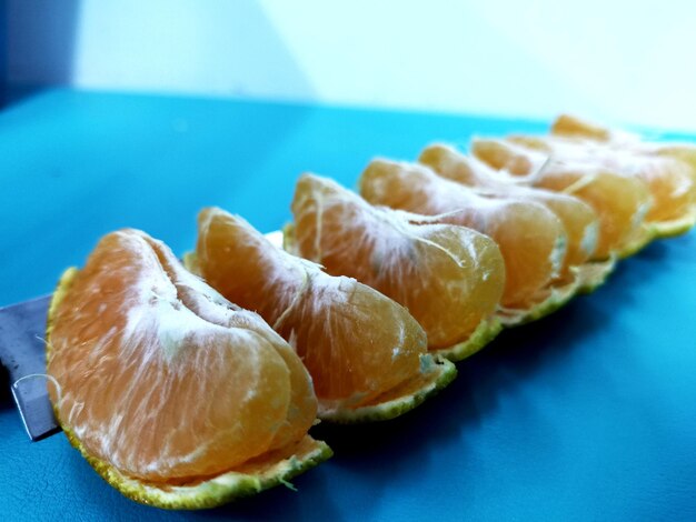 High angle view of fruits in plate on table