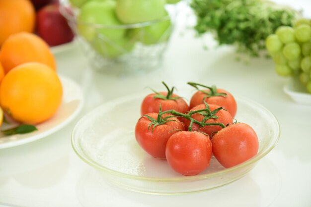 High angle view of fruits in plate on table