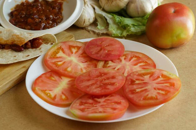 High angle view of fruits in plate on table