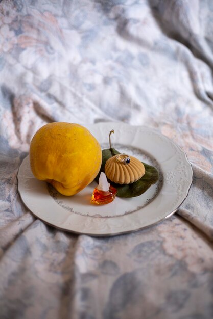 High angle view of fruits in plate on table