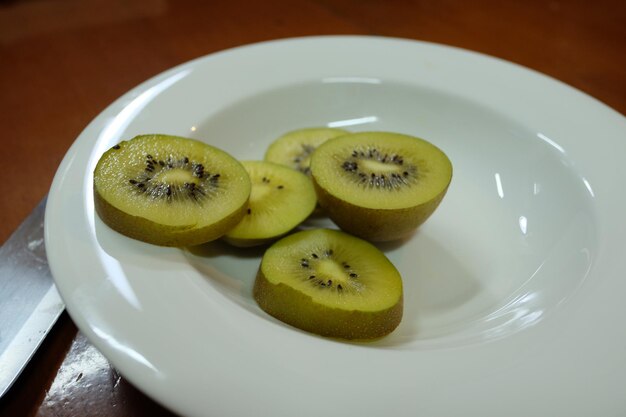 High angle view of fruits in plate on table