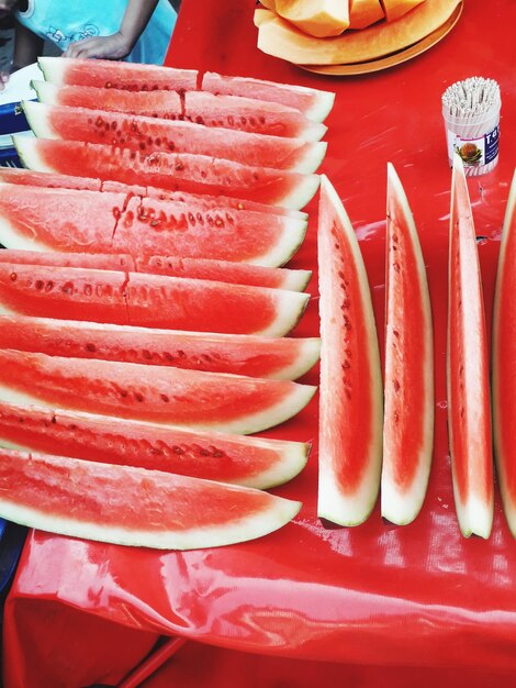 High angle view of fruits in plate on table