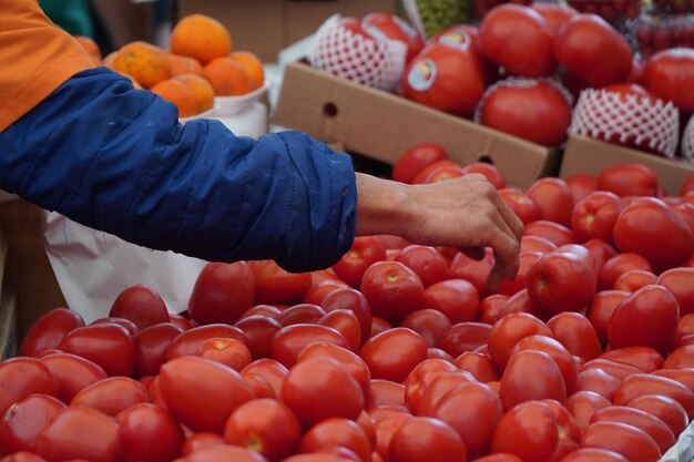 Foto vista ad alto angolo dei frutti in vendita alla bancarella del mercato