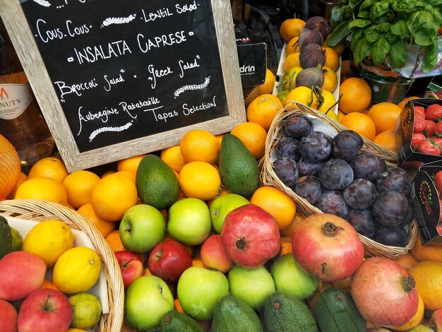 High angle view of fruits for sale at market stall