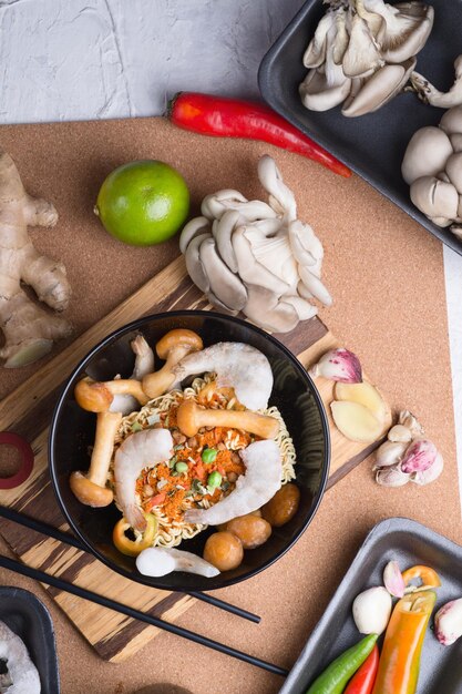 High angle view of fruits and vegetables on table