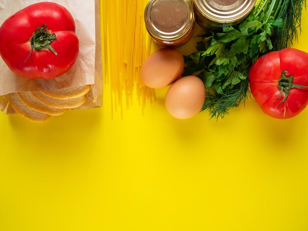 High angle view of fruits and vegetables on table