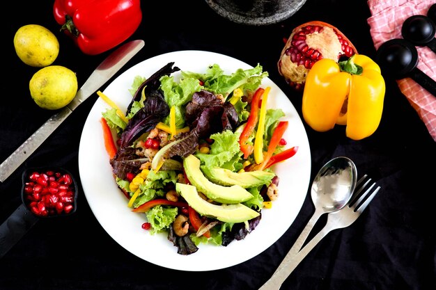 High angle view of fruits and vegetables on table