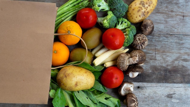 High angle view of fruits and vegetables on table
