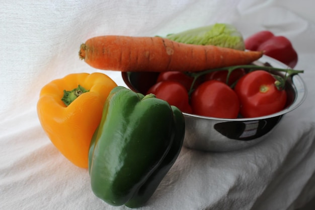 High angle view of fruits and vegetables on table