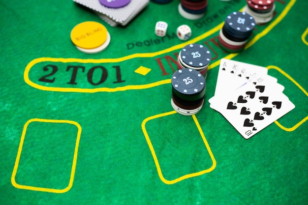 High angle view of gambling chips on table in casino