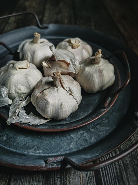 High angle view of garlic in plate