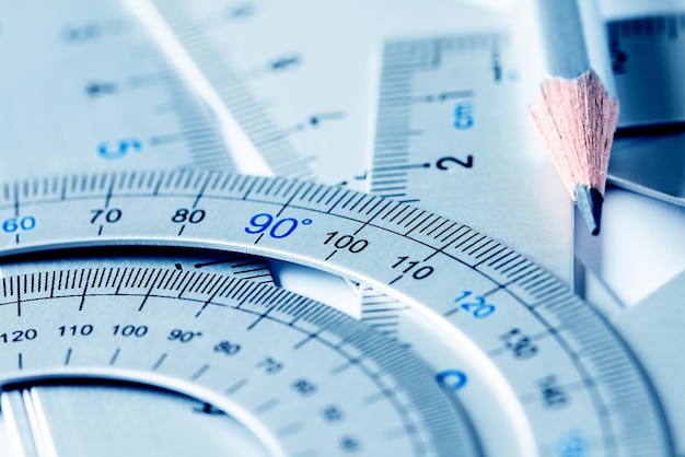 High angle view of geometric rulers on table