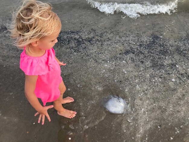 High angle view of girl on the beach