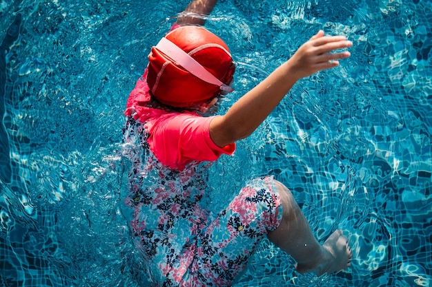 High angle view of girl swimming in pool