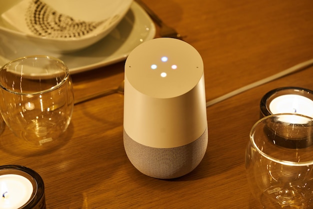 Photo high angle view of google home on table