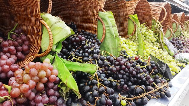 High angle view of grapes in market