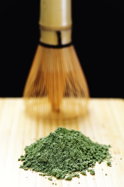 High angle view of green matcha tea powder