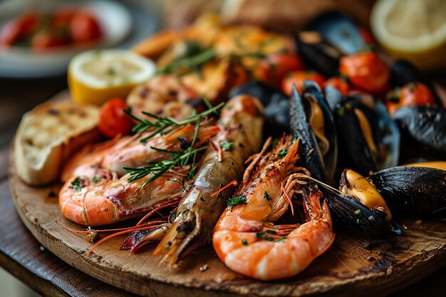 High angle view of grilled seafood with vegetables and french fries on paper