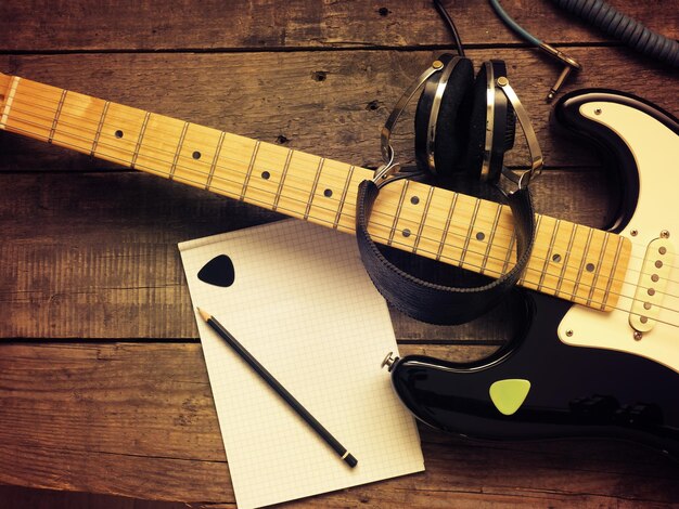 High angle view of guitar on table