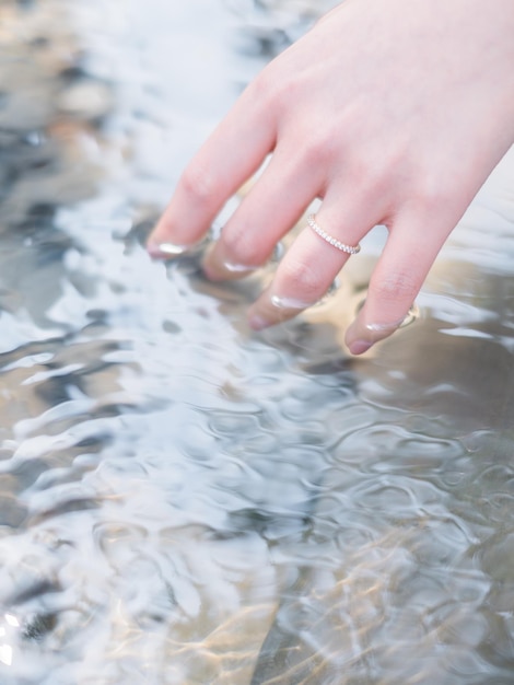 High angle view of hands in water