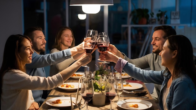 一緒に夕食を食べている間にワインを飲みながら乾杯する幸せな友人の高角度の景色