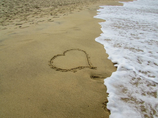 High angle view of heart shape on beach