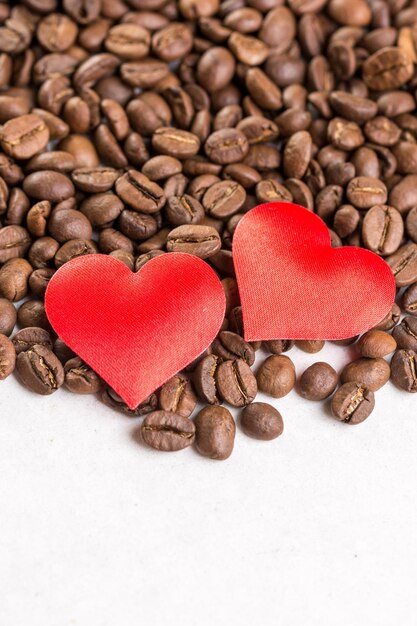 High angle view of heart shaped coffee beans