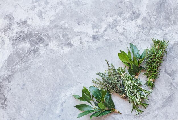 Photo high angle view of herbs on grey marble