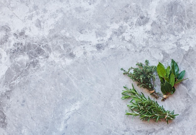 High angle view of herbs on grey marble