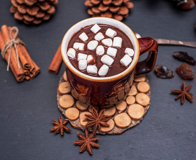 Foto vista ad alta angolazione di cioccolato caldo con marshmallows di anice stellato e cannella sul tavolo