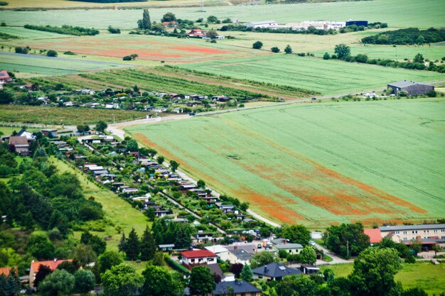 High angle view of houses and agricultural field