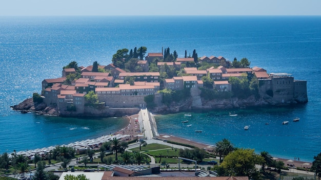 High angle view of houses amidst sea