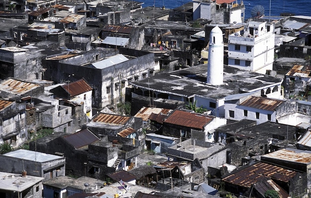 high angle view of houses and buildings in town