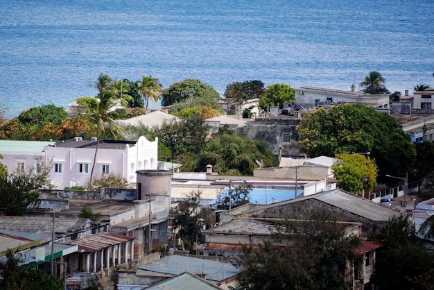 High angle view of houses by sea