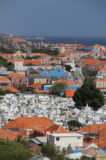 High angle view of houses in city