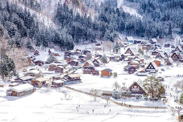 Foto vista ad alto angolo delle case su un campo coperto di neve